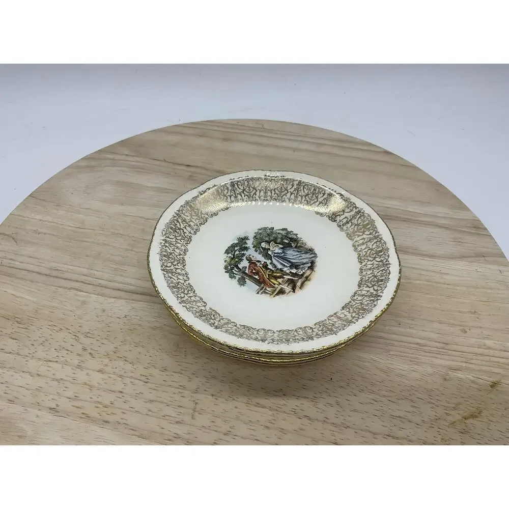 Homer‎ Laughlin Dessert Bowls Set 4 White Gold Courting Couple USA Scene Vintage